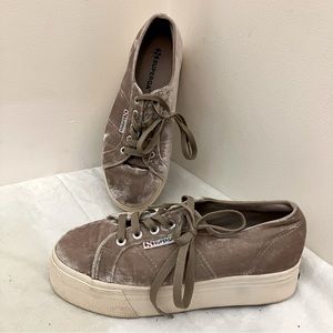 Superega silver velvet lace up platform sneaker size 6.5